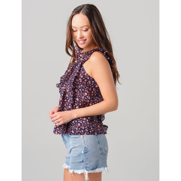 FRAME Shirt Womens Medium Navy Blue Floral Print Cecile Top Sleeveless Ruffle - Picture 1 of 15